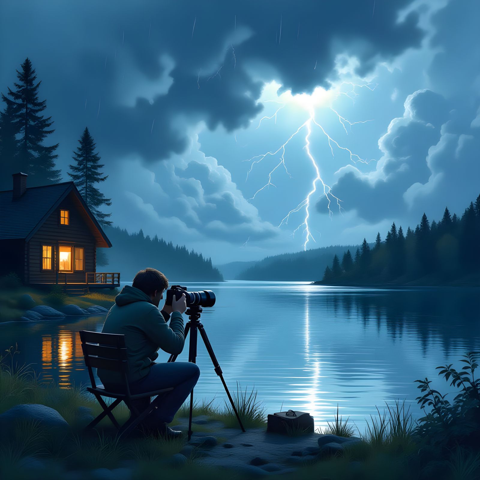 Lakeside Cabin During a Lightning Storm