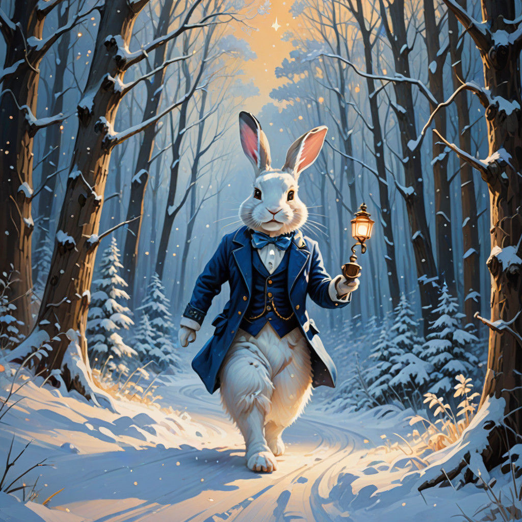 Whimsical White Rabbit Wanders Snowy Forest in Vibrant Oil P...