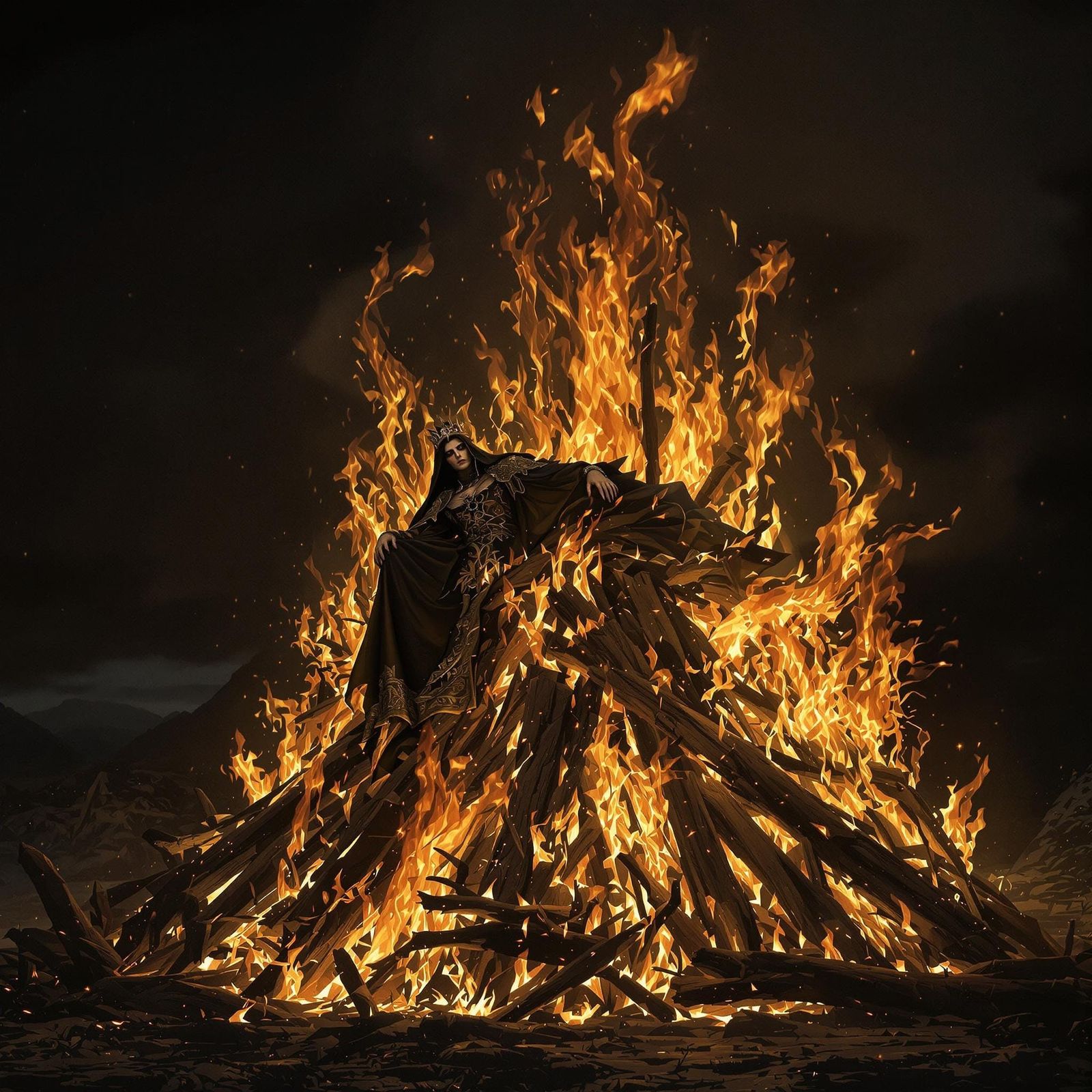 Medieval King's Funeral Pyre in Pre-Raphaelite Style