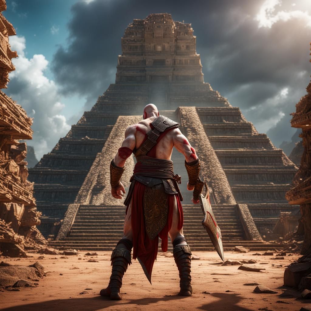 Kratos Battles in Mayan Pyramids: Fantasy Concept Art