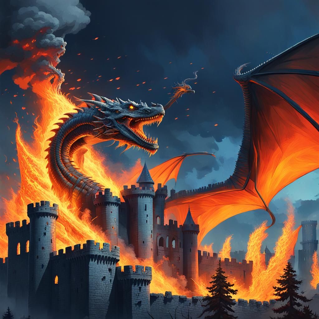 Dragon Ignites Burning Castle: Stalenhag-Inspired Art