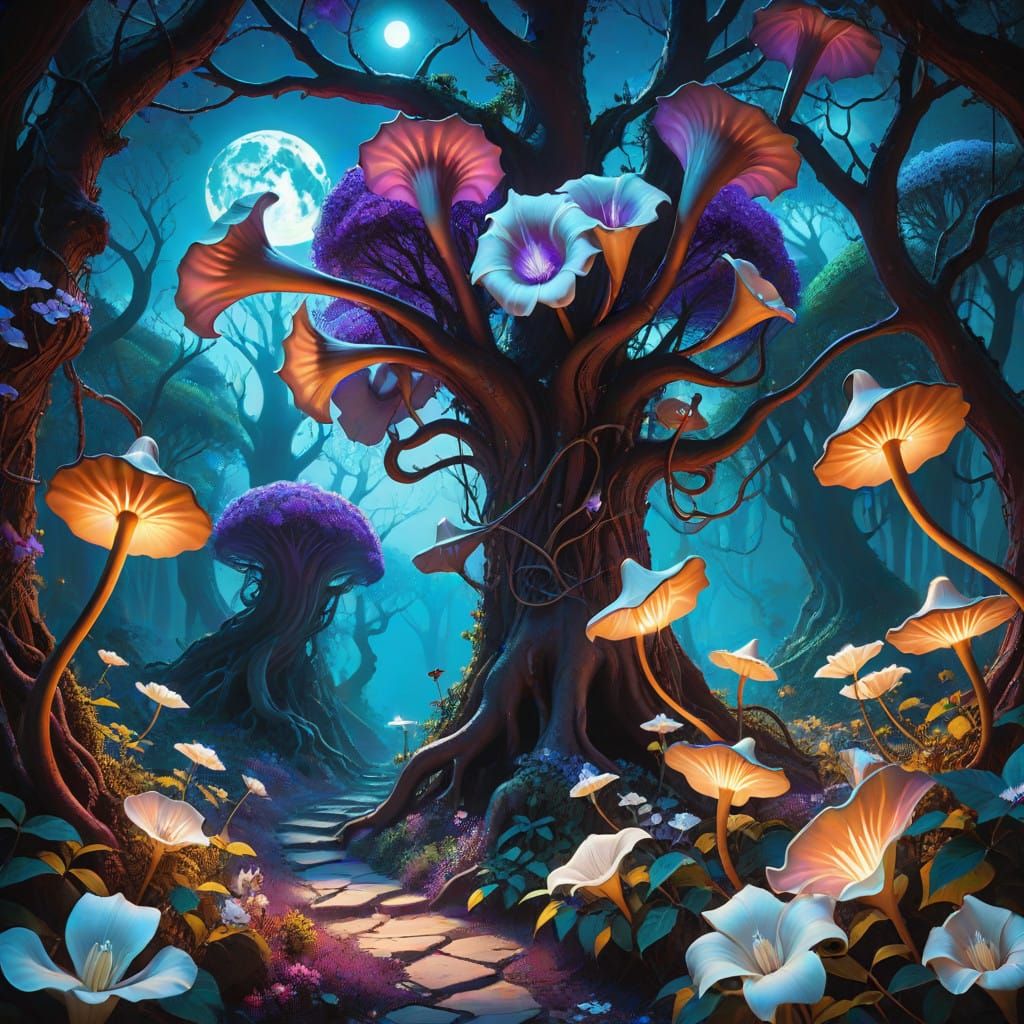 Ethereal Blood Moon Forest, Dreamlike Landscapes in Vibrant...