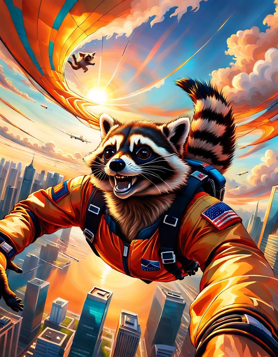 Raccoon Skydiver in Expressive Oil Painting Style