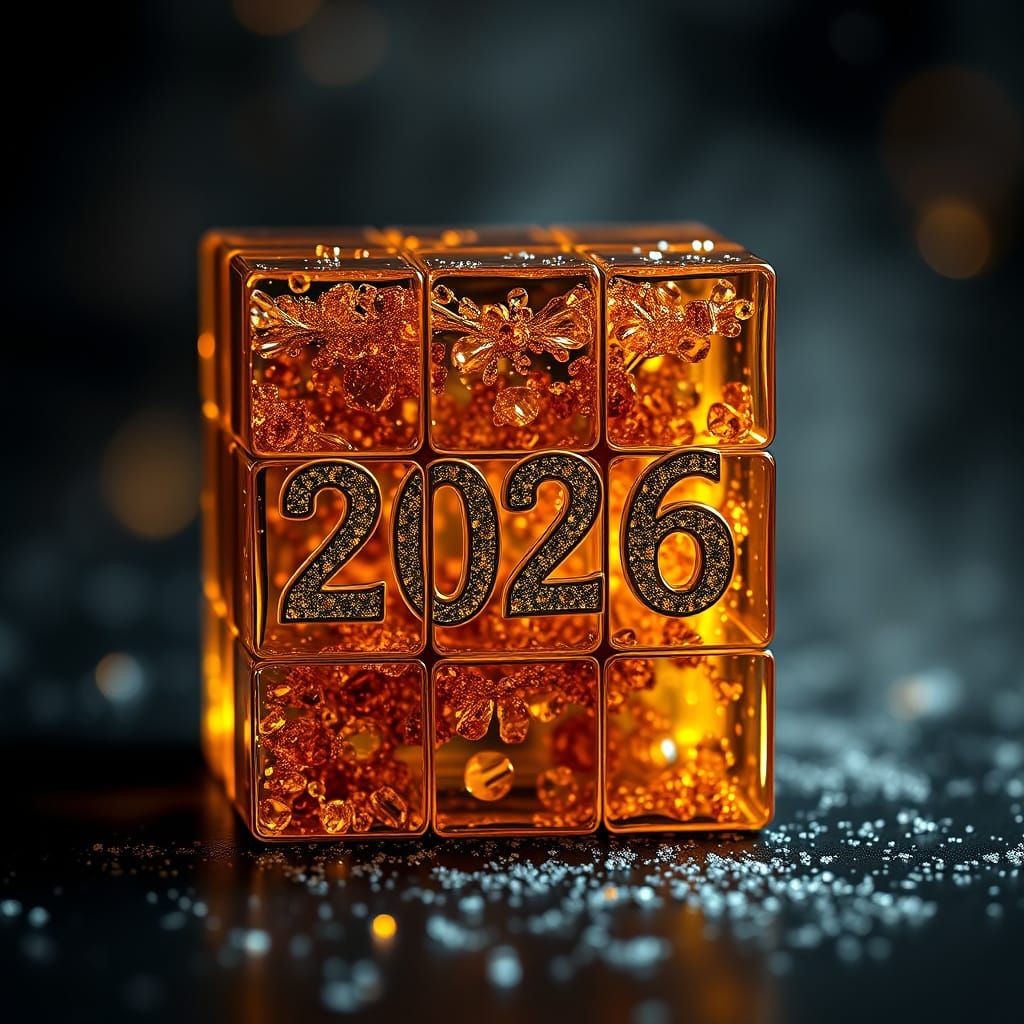 Hyper-Realistic Champagne Rubik's Cube with New Year's Eve N...