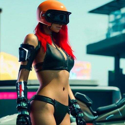 Cyberpunk Girl with Motorcycle Helmet in Neon
