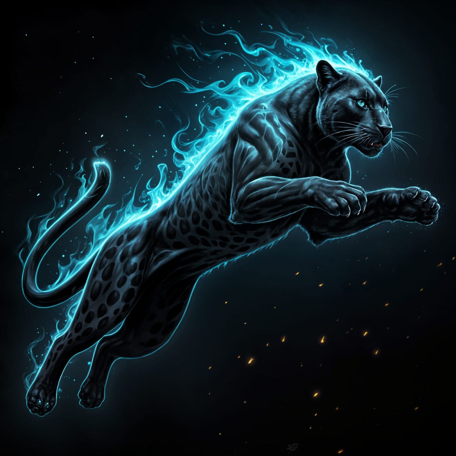 Magnificent Black Panther Leaping, Outlined in Blue Flame