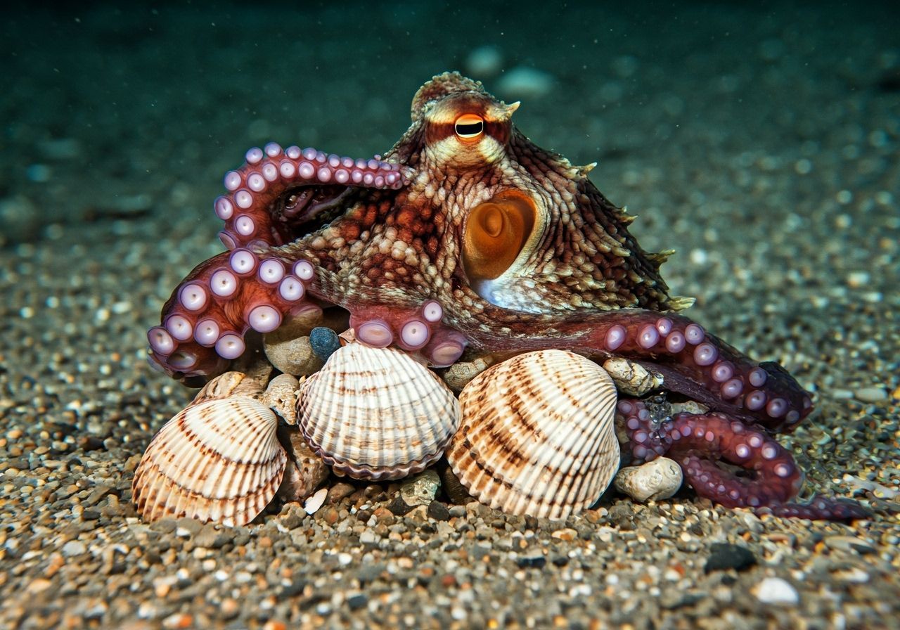 Camouflaged Octopus Building Grotto on Sandy Seabed