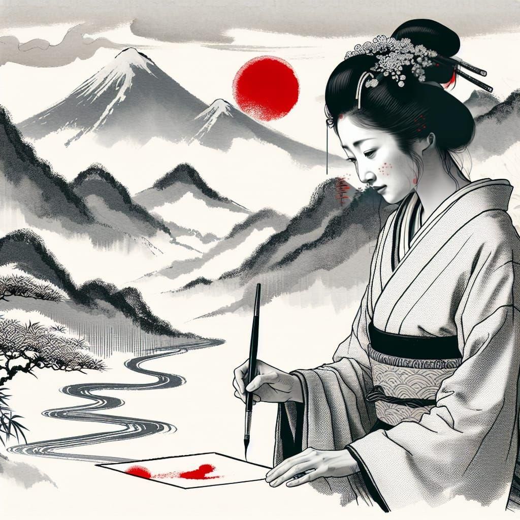 East Asian Woman in Sumi-e Landscape with Red Accents