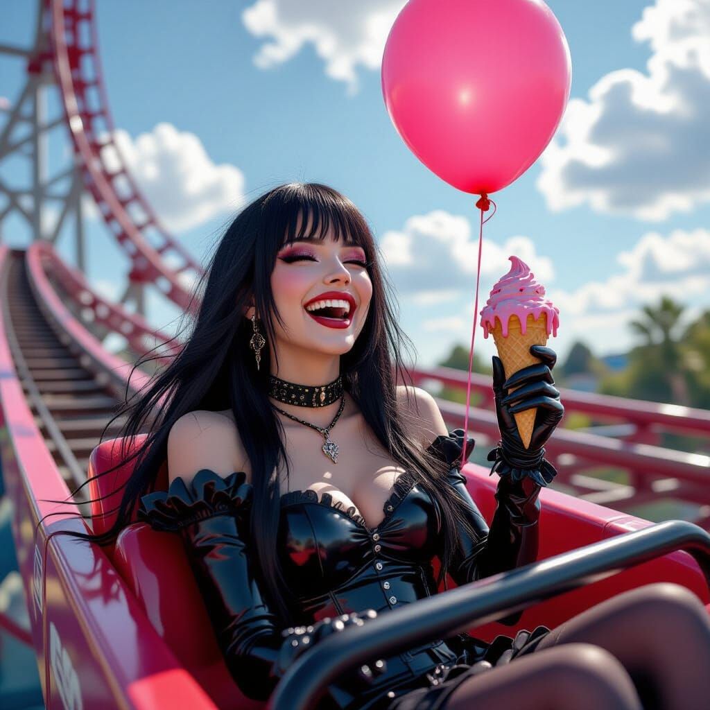 Goth Girl Laughing on Rollercoaster with Pink Balloon