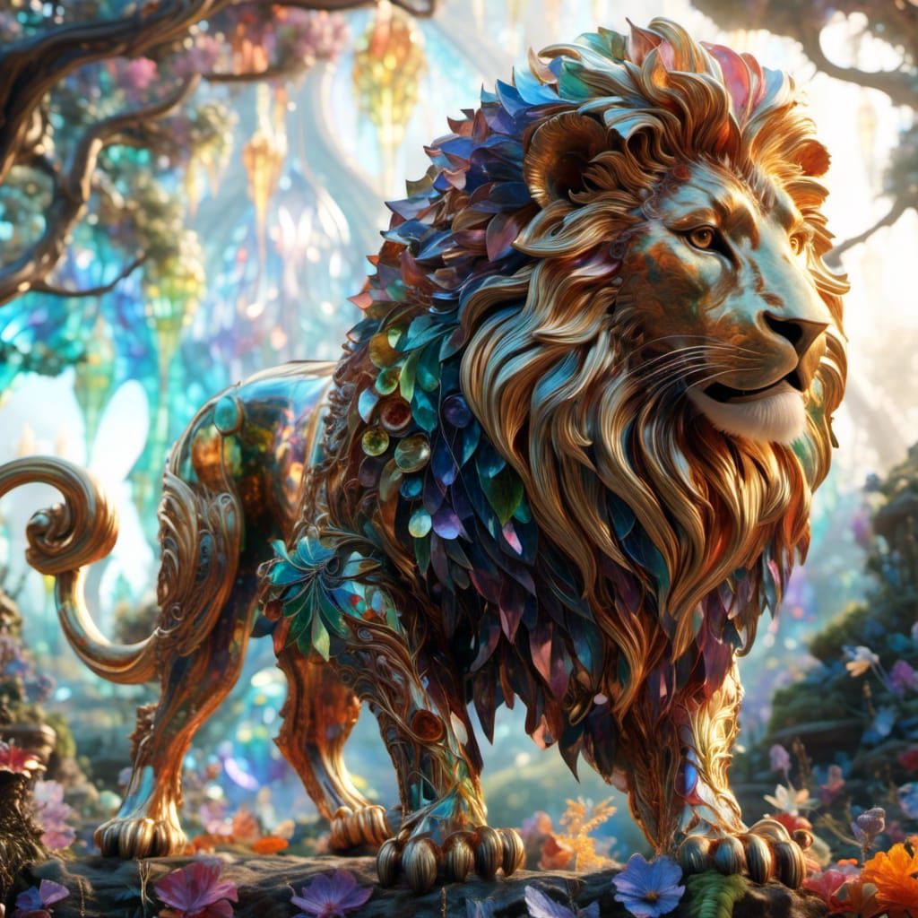 Iridescent Lion Roams Jungle