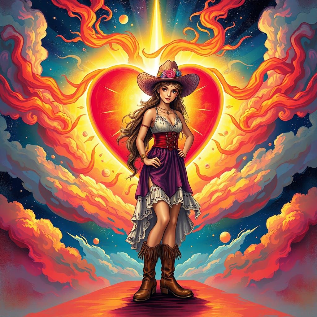 Cowgirl Goddess Amidst Radiant Cosmic Heart