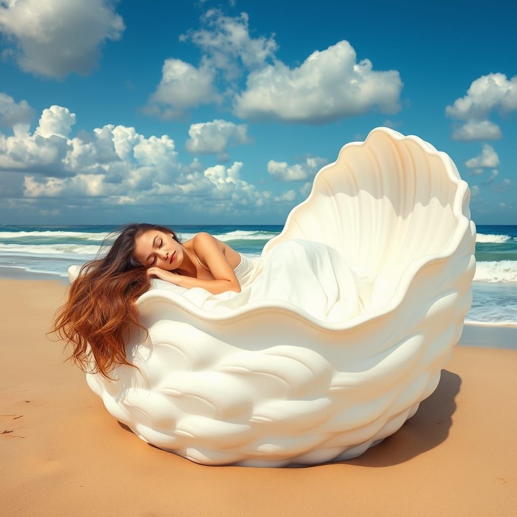 Serene Seashell Bed Scene in Dreamy Impressionist Style