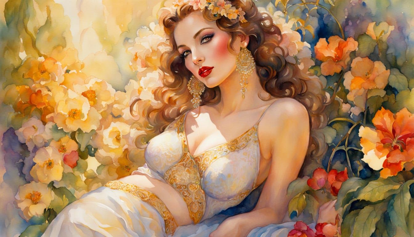 Elegant Aphrodite in Vibrant Floral Watercolor