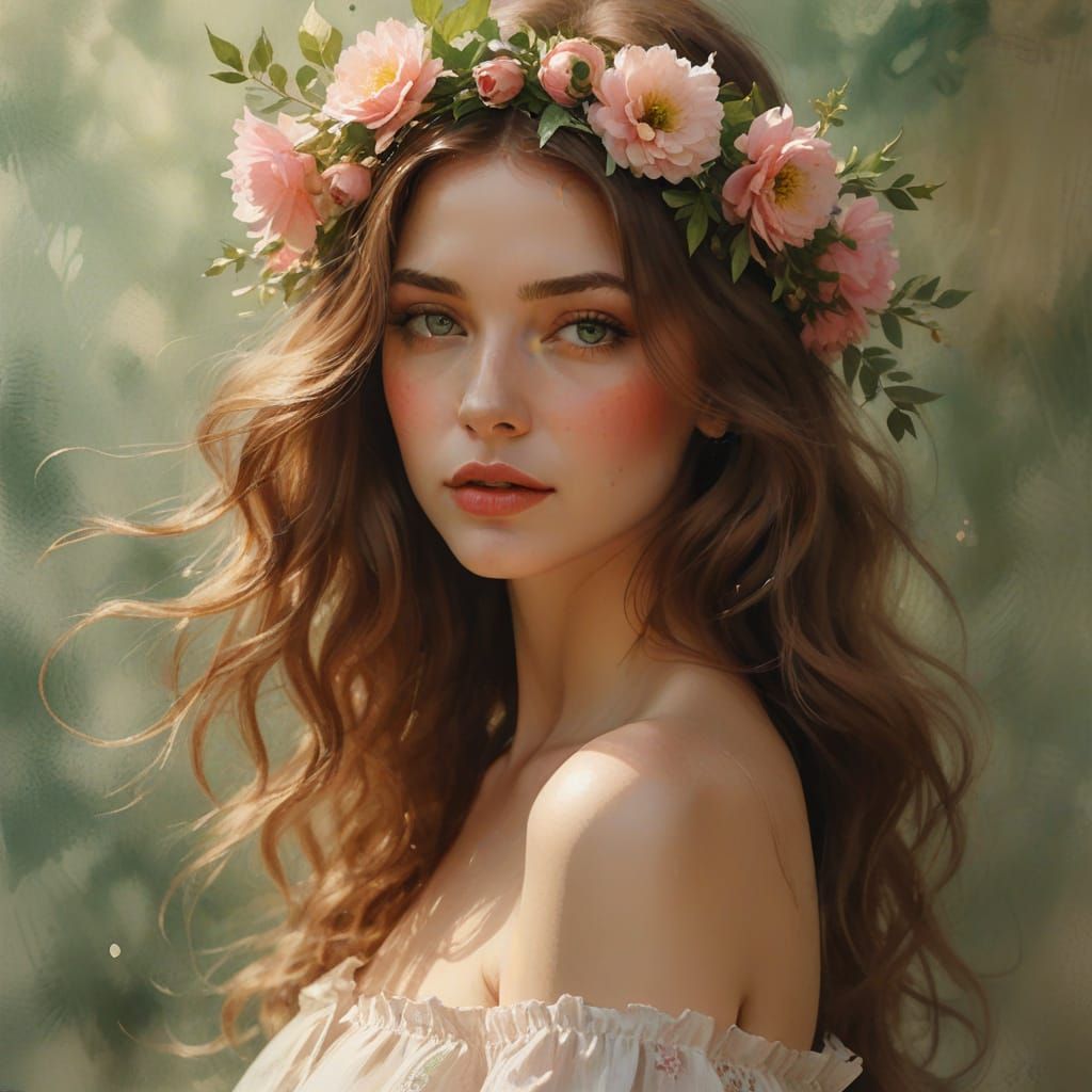 Watercolor Portrait of a Young Woman in a Floral Crown