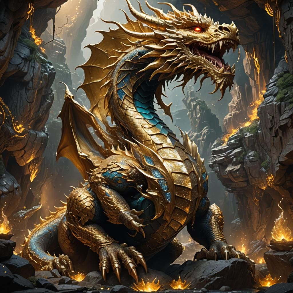 Golden Dragon with Diamonds in Cave, Fantasy Art