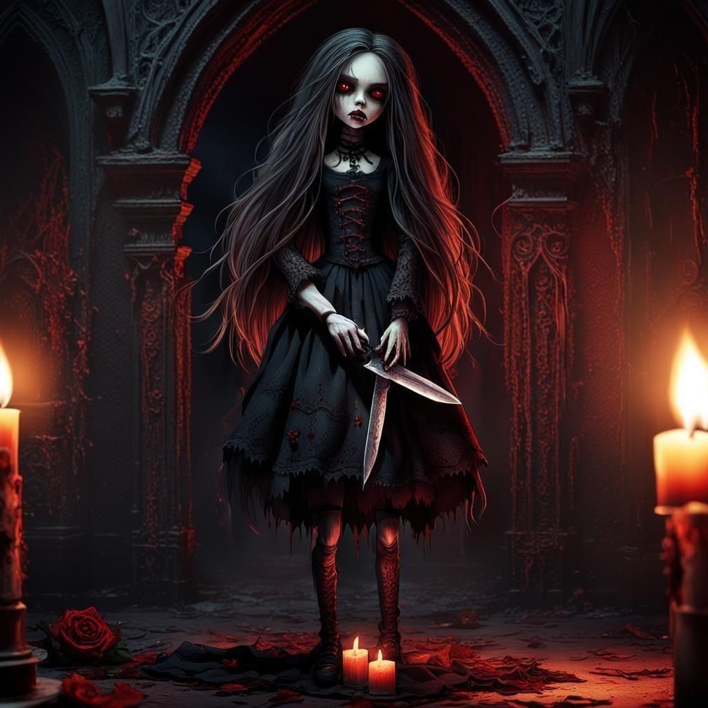 Scary Doll with Knives and Black Eyes