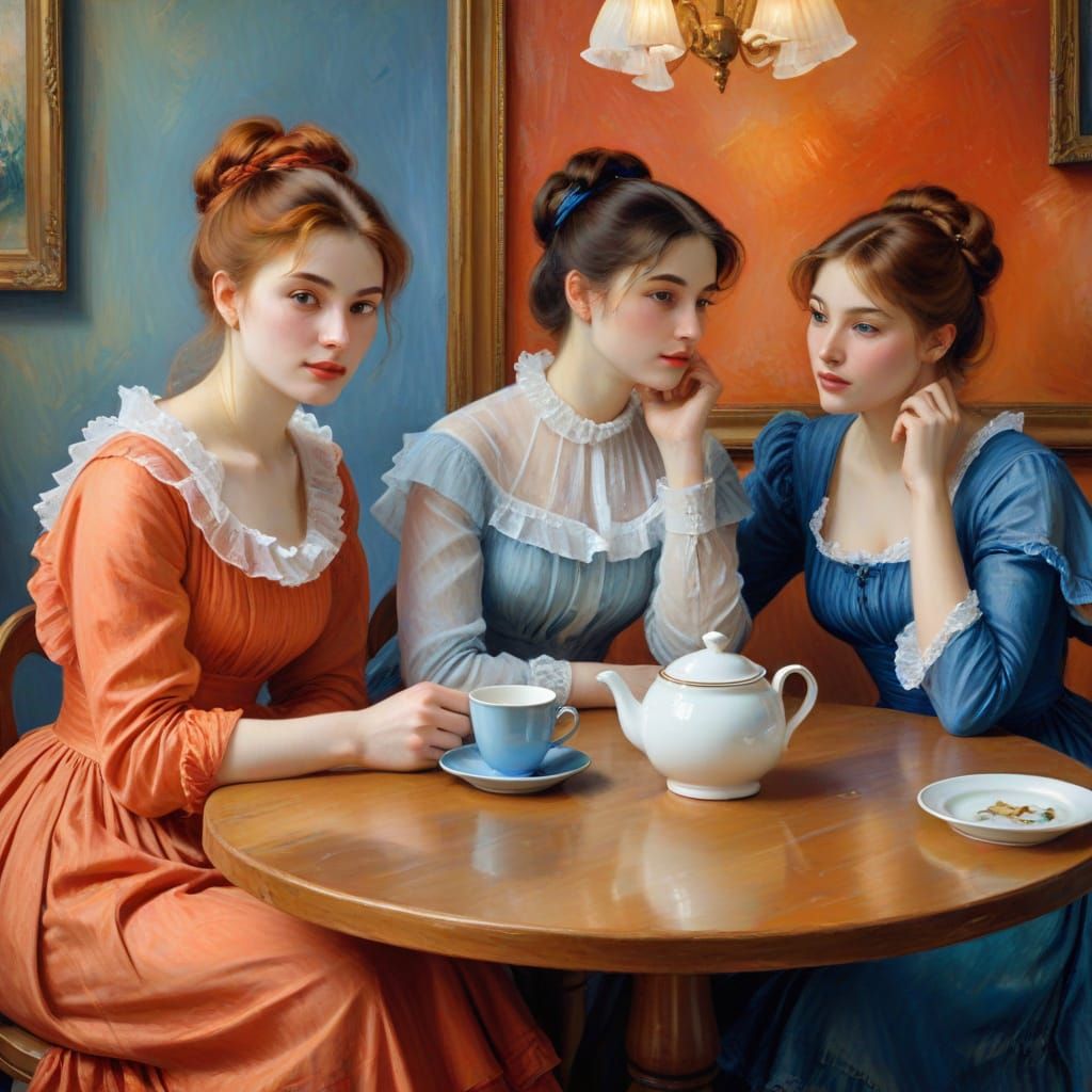 Three Women in a Cozy Cafe Scene, Impressionist Style
