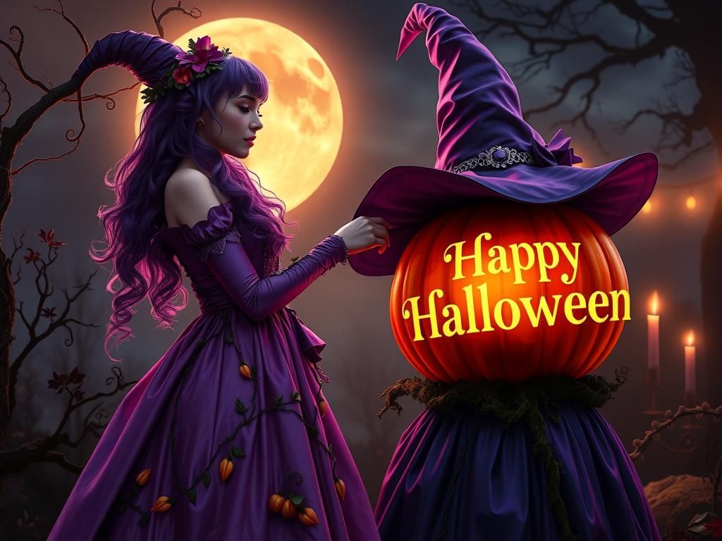 Surreal Witch and Bioluminescent Pumpkin, Digital Art