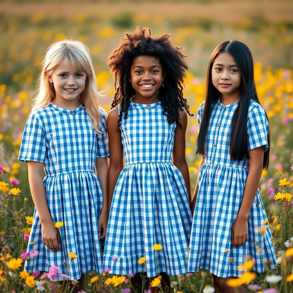 Sisters in Gingham Prints Pose Amidst Wildflowers in Springt...