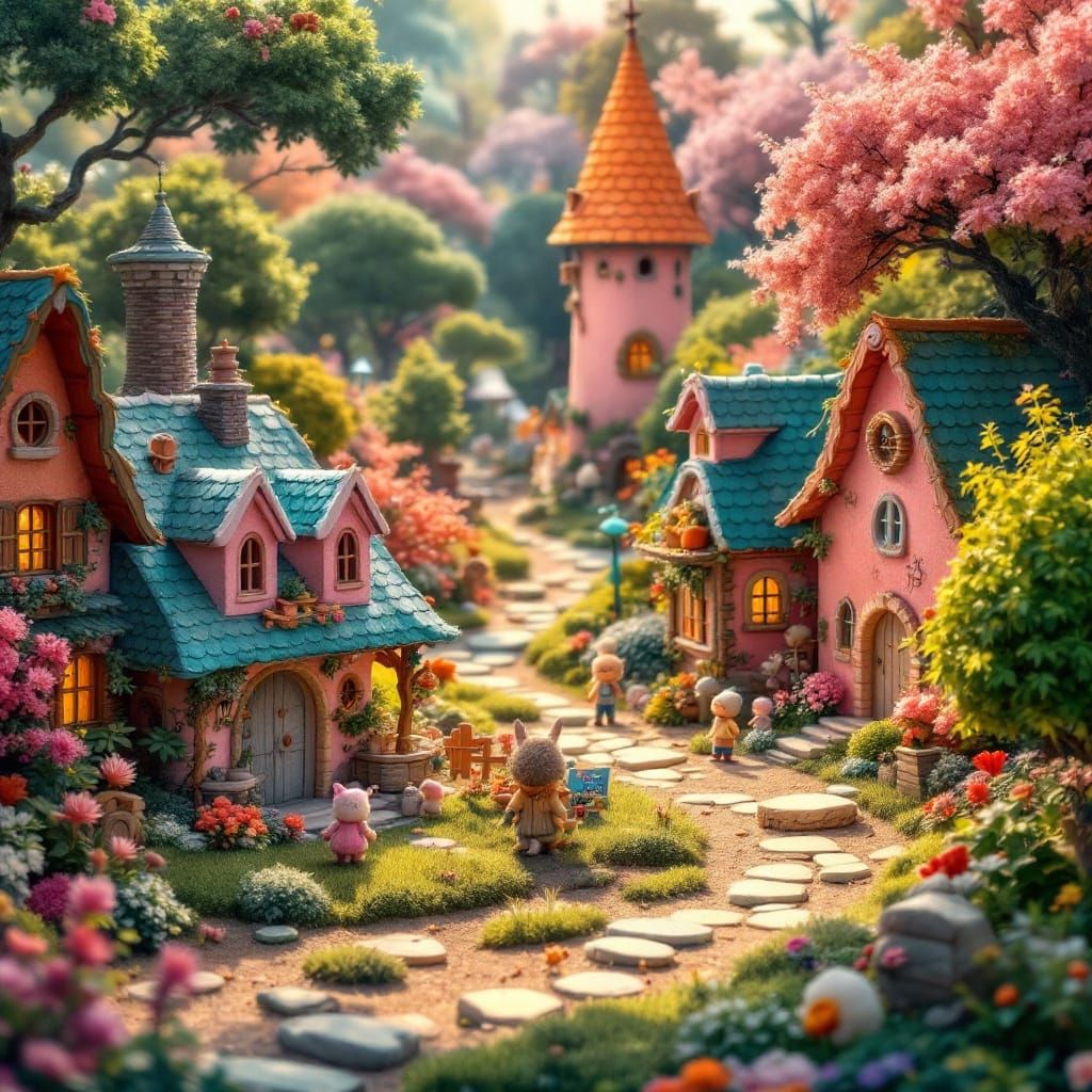 Enchanting Munchkin Village in Pastel Oil Painting Style