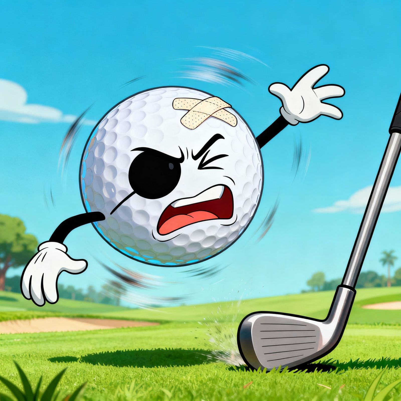 Cartoon Golf Ball Grimaces with Black Eye and Bandage