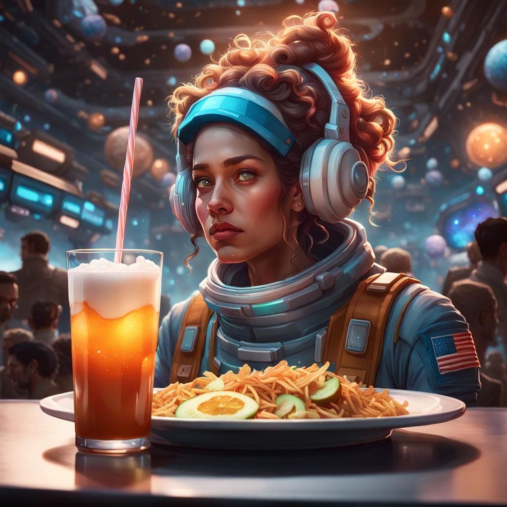 Space Cafe Concept Art in Hyperdetailed Style