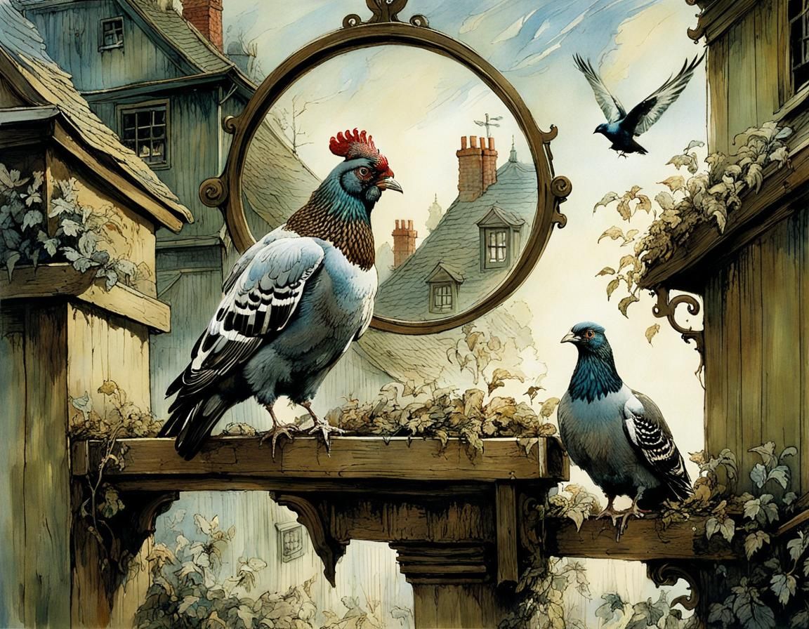 Charming Townscape with Chimneys and Pigeons