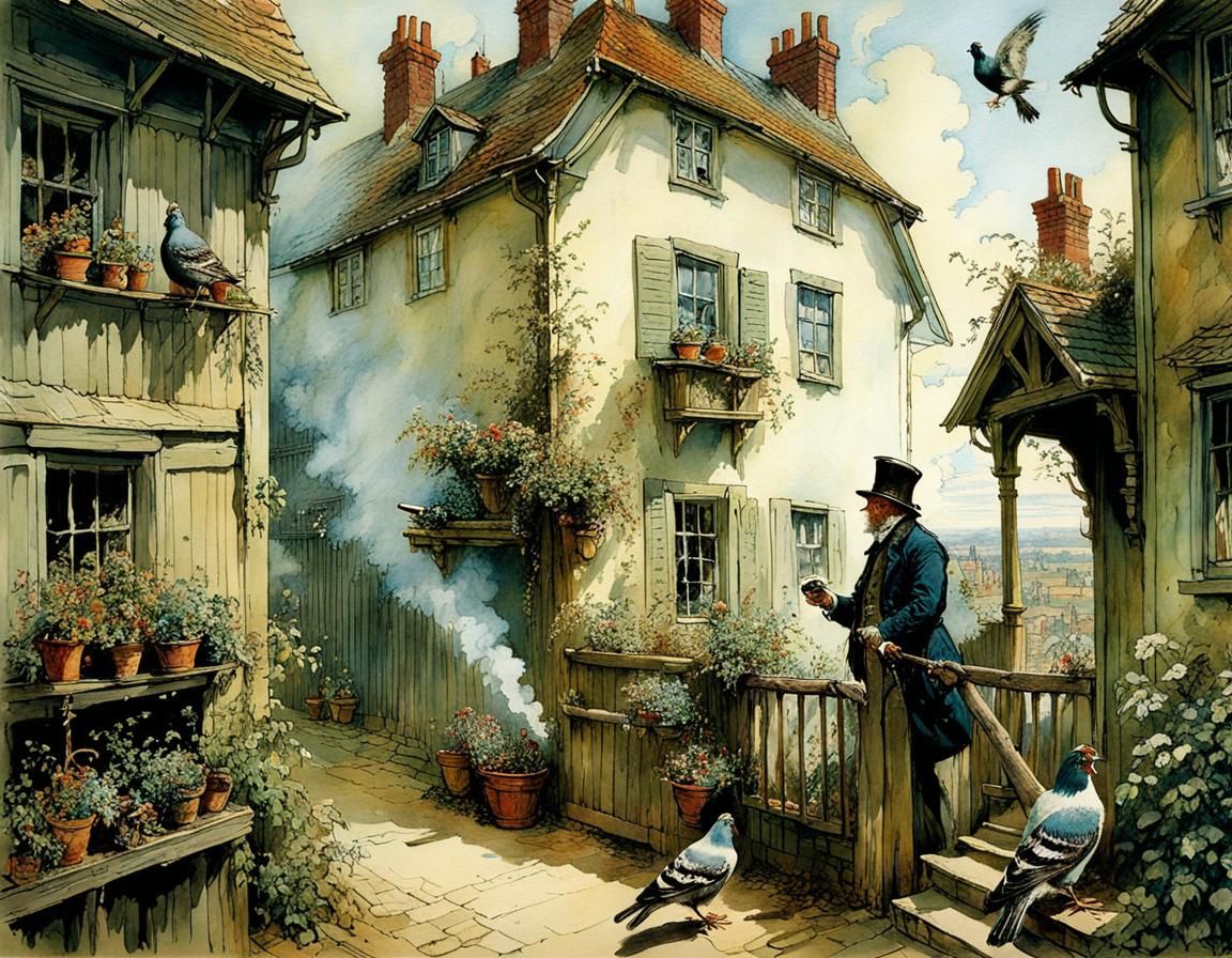 Chimneys and Pigeons in Sunny Air, Detailed Art