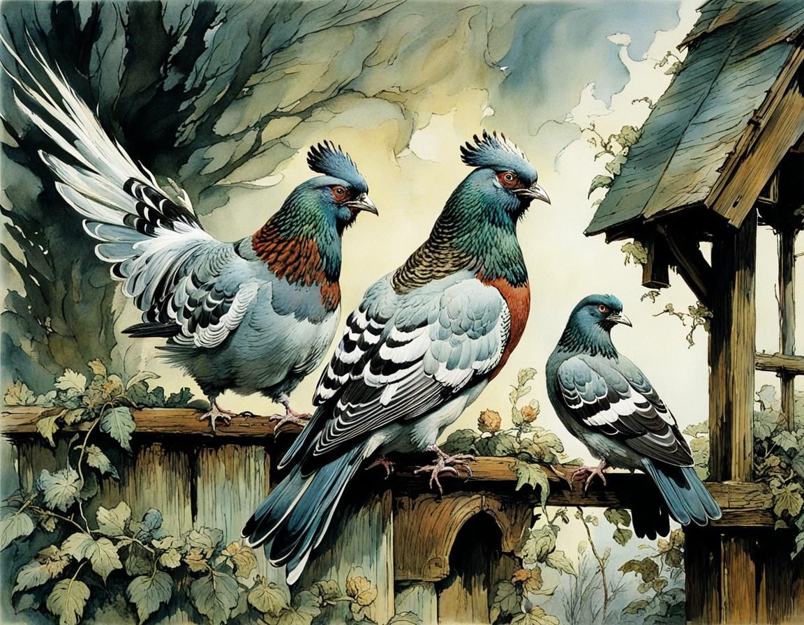 Whimsical Townscape with Pigeons and Chimneys