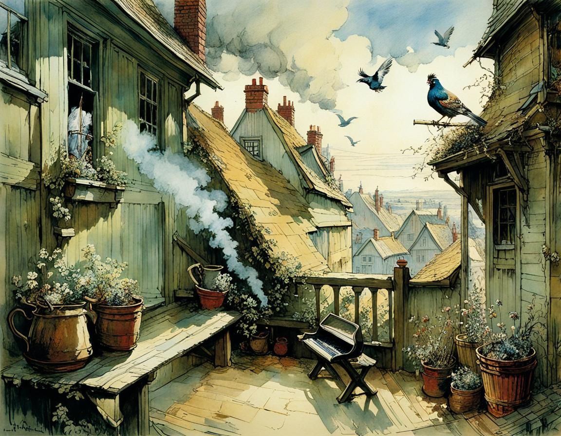 Rustic Town Scene with Pigeons and Coffee Aroma