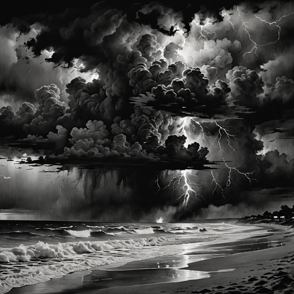 Watercolor Beach Thunderstorm in Retro Twilight Style