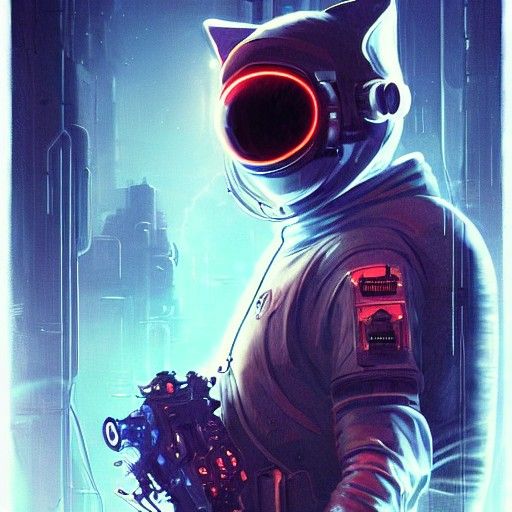 Astronaut Cat with Glowing Eyes in Cyberpunk Style