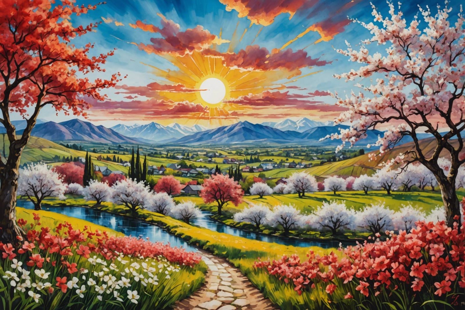 Blooming Peach Orchard: A Detailed Oil and Watercolor Illust...