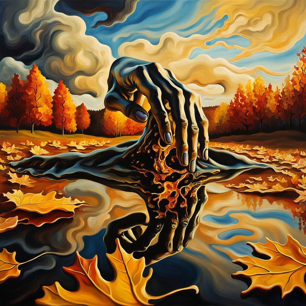 Surreal Melting Figure in Dreamlike Autumn Landscape