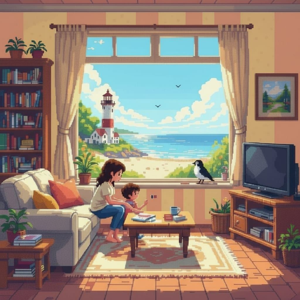 Pixel Art Living Room Overlooking Beach at Dawn