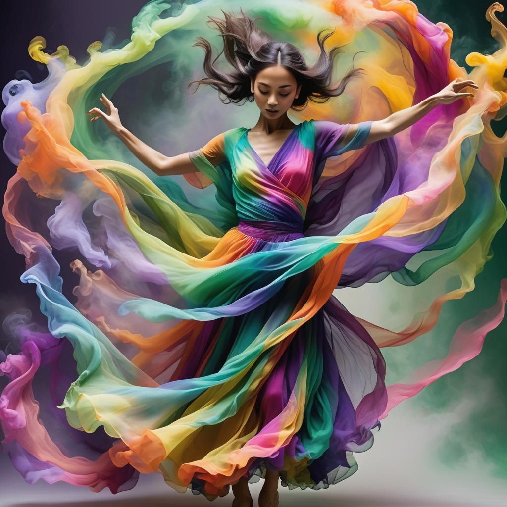 Vibrant Dancer in Multicolored Fabric, Fantasy Concept Art