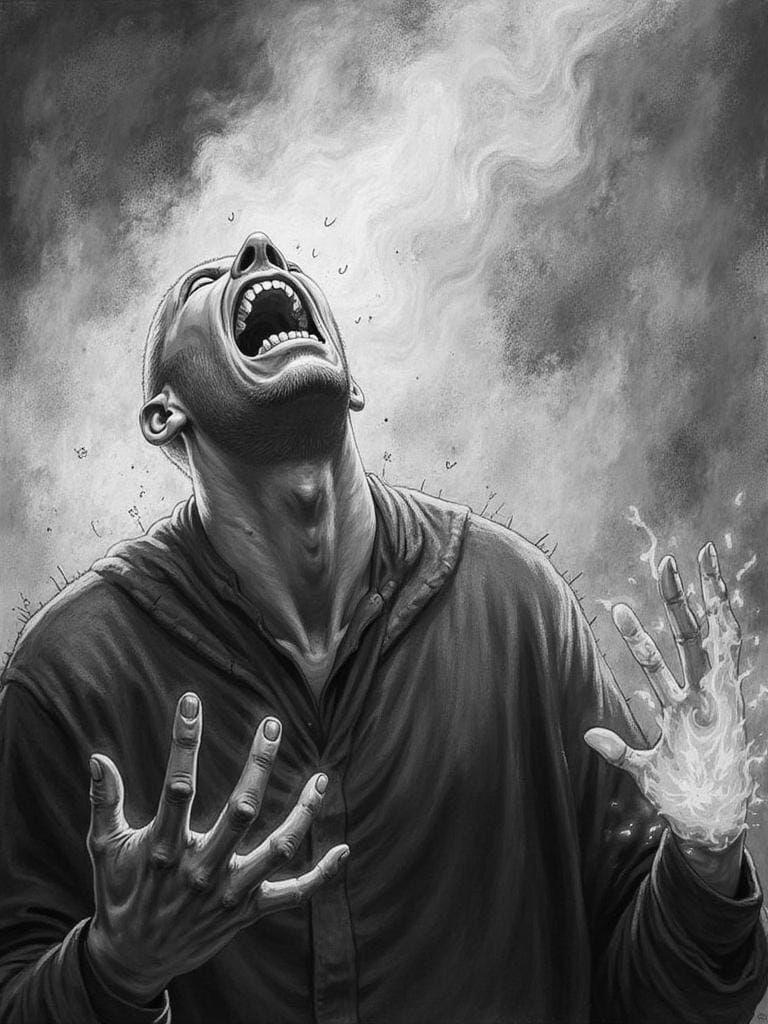 Man Burning in Radiant Fire: Pencil Sketch