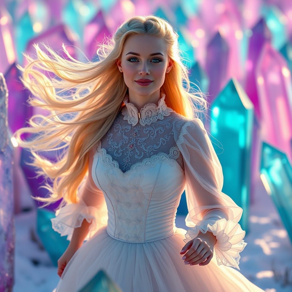 Victorian Woman in Snowy Crystal Field Dreamscape
