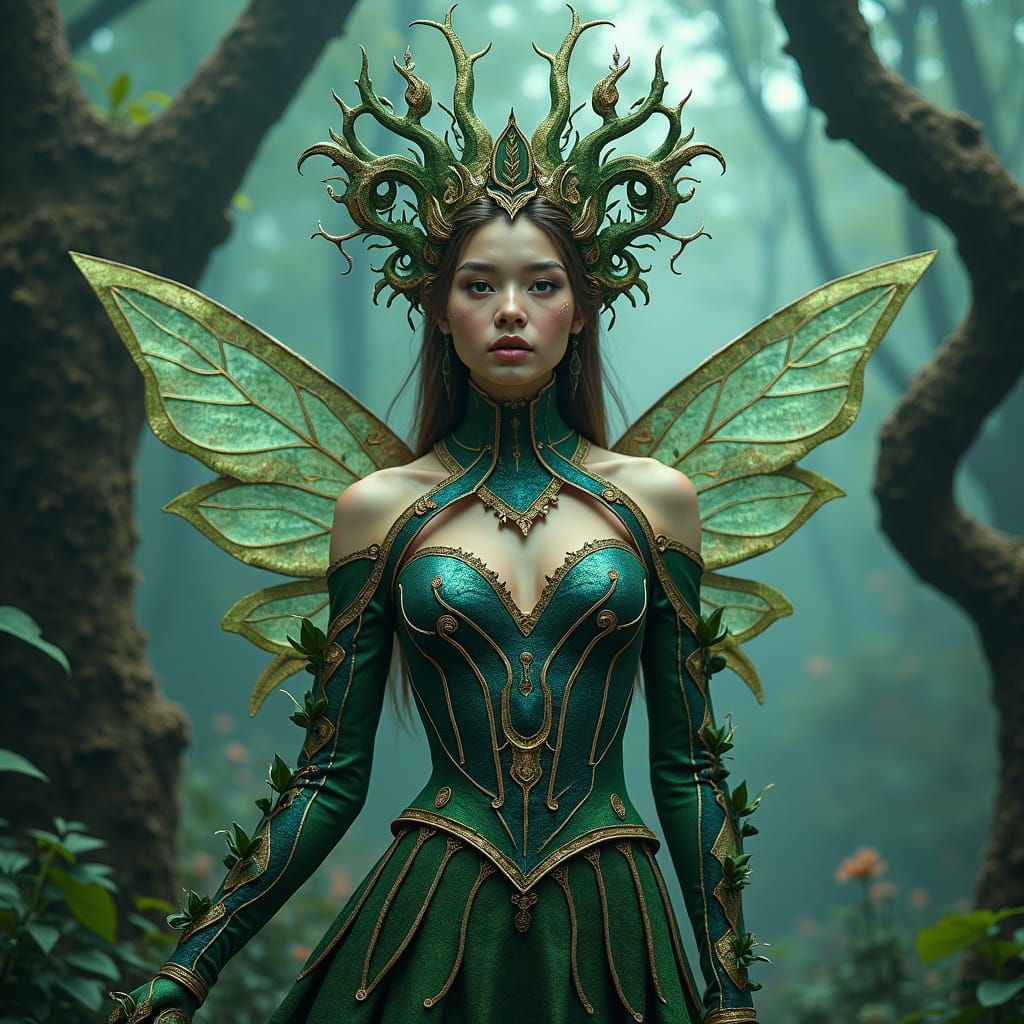 Fairy in Bioluminescent Armor, Detailed Art Nouveau