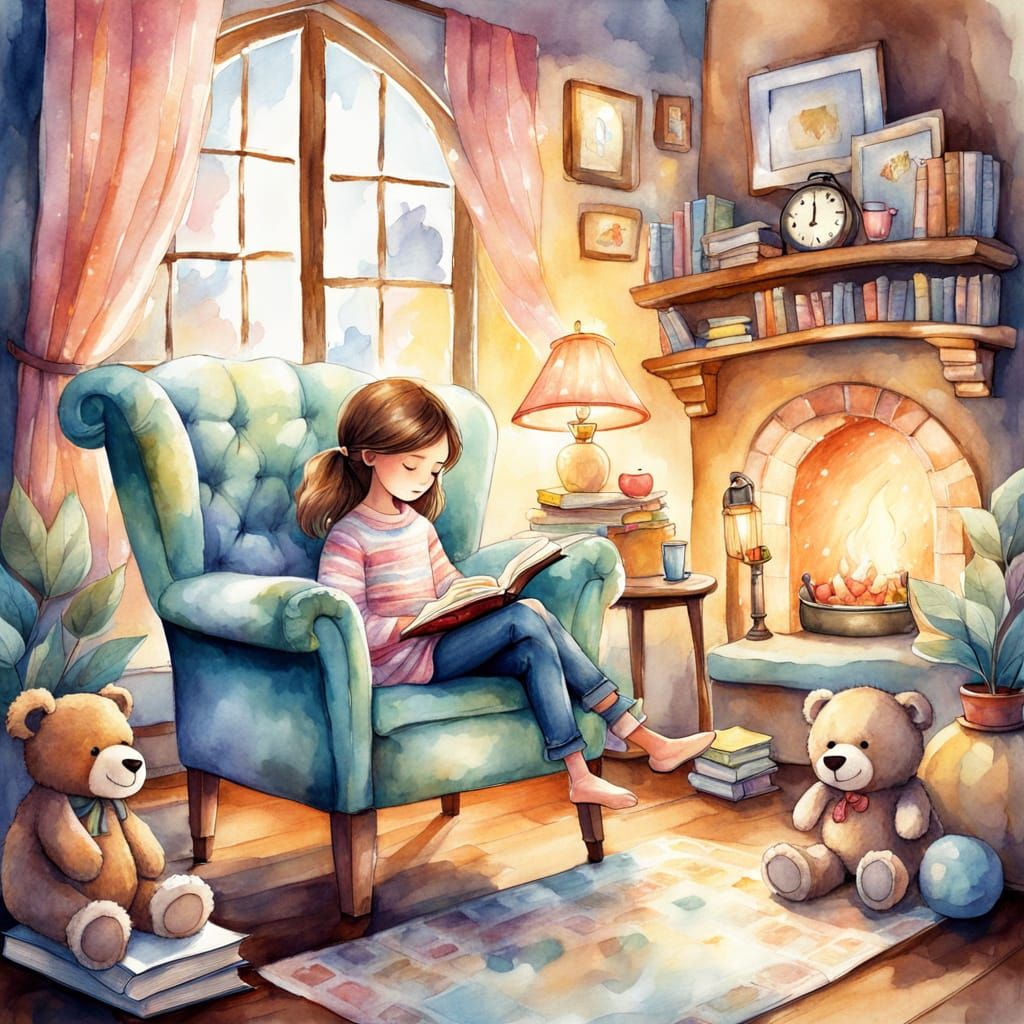 Cozy Reading Nook with Girl and Teddy Bear, Watercolor Sketc...
