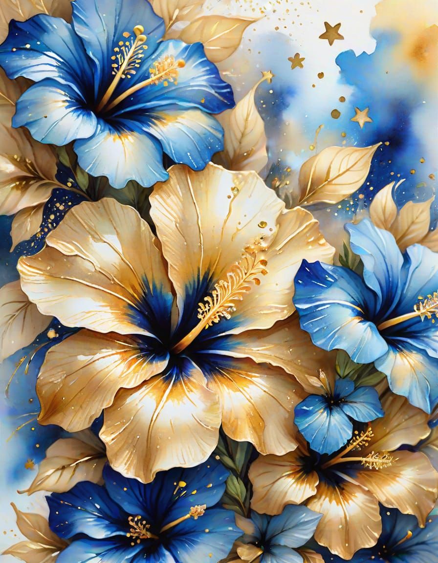 Sapphire Eyes with Golden Stars and Hibiscus Flowers
