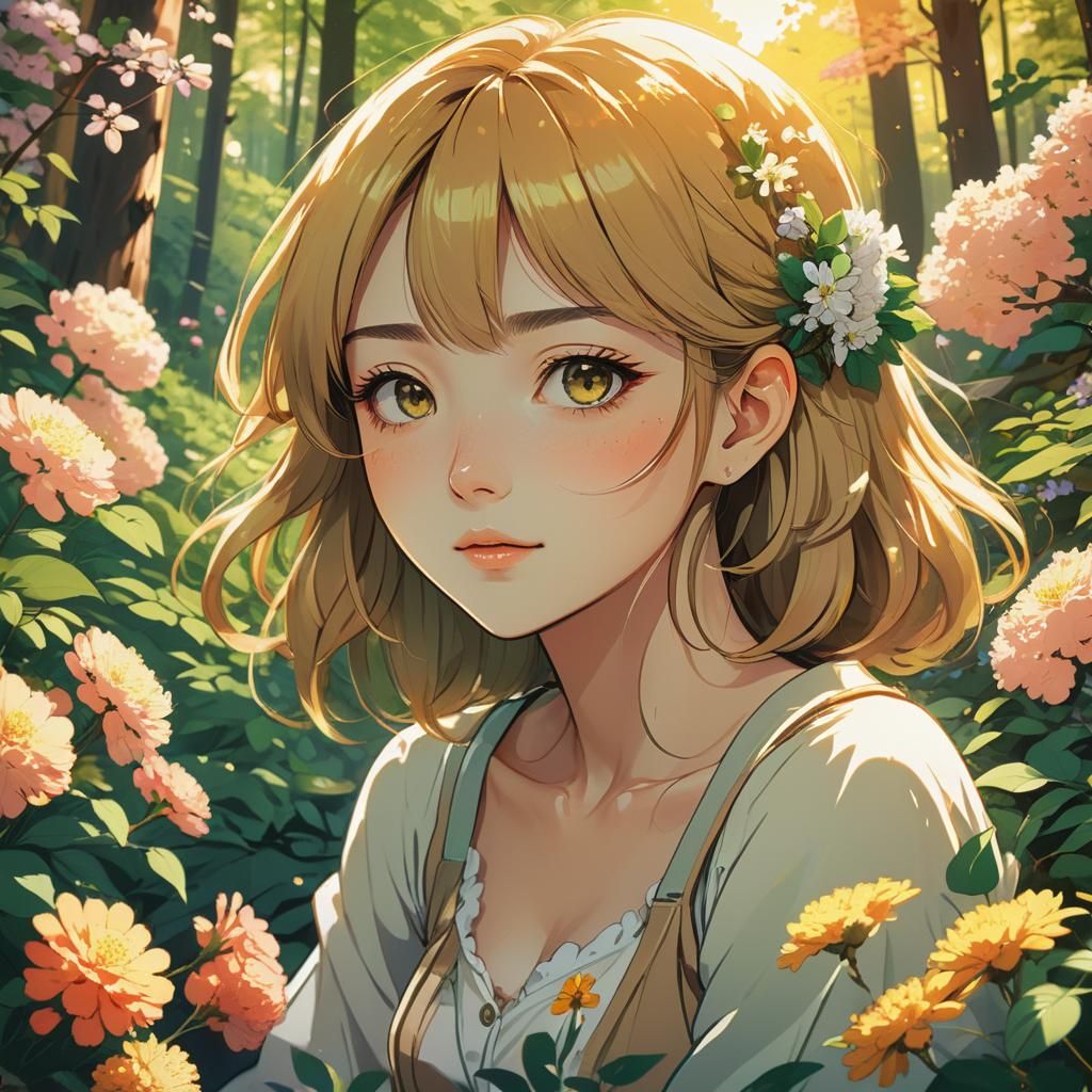 Anime Girl Portrait in Forest with Flowers