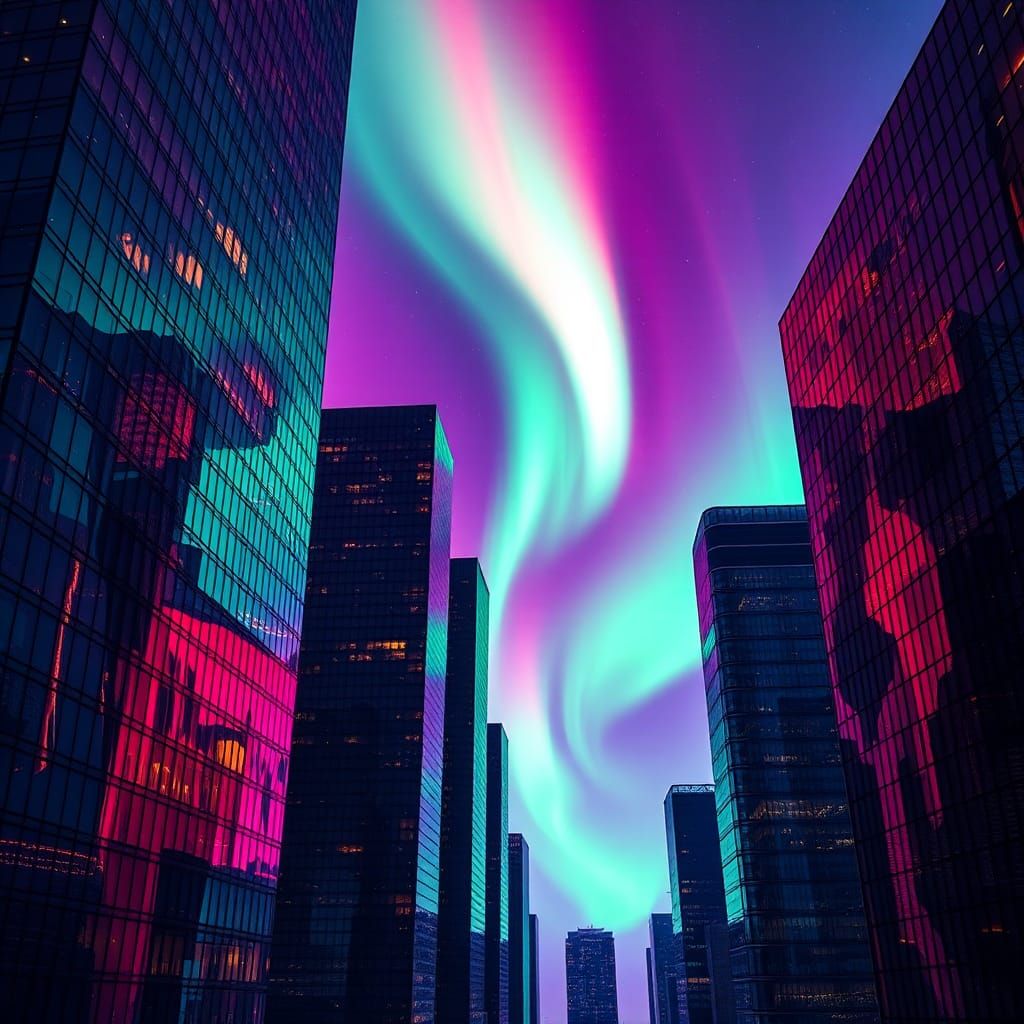 Fluorescent Aurora Borealis Reflected on Skyscrapers