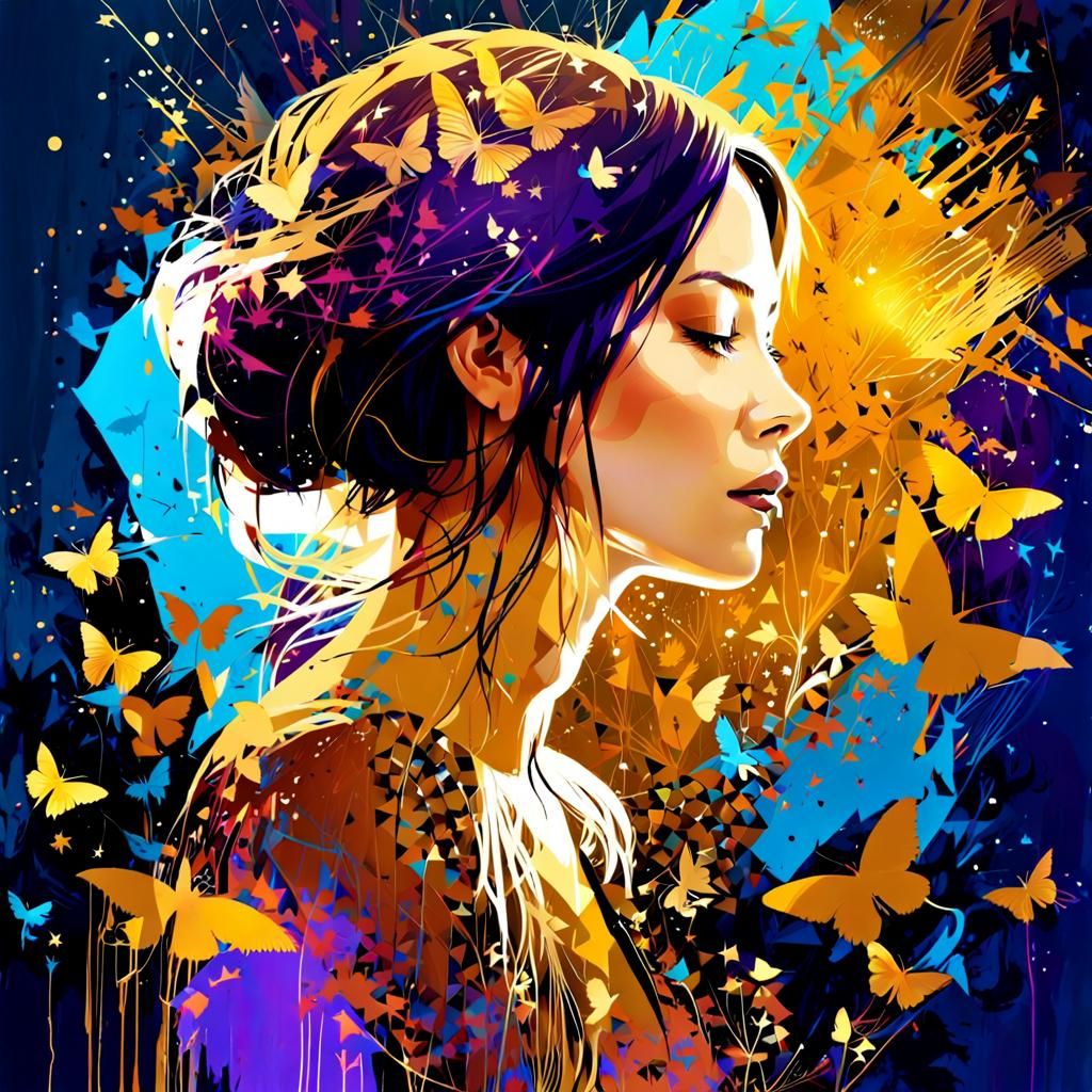 Double Exposure Silhouette Portrait in Gold and Purple