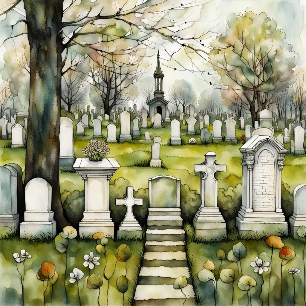 Spring Cemetery Scene Inspired by Illustrative Masters