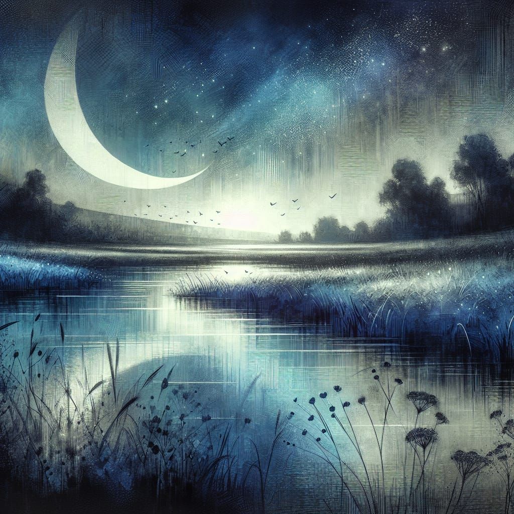 Crescent Moon Over Water Meadow in Glazing Technique