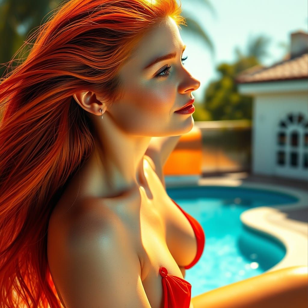 Redhead Beauty by Pool: Graffiti Art Portrait