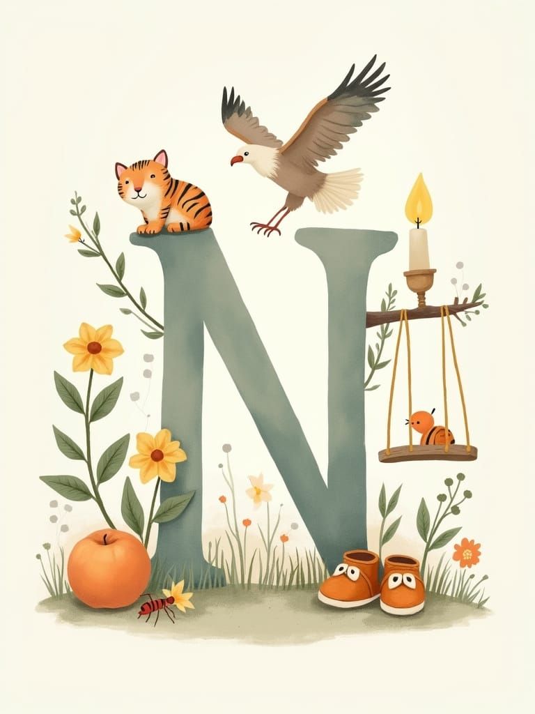 Whimsical Nursery Illustration of Hebrew Letter Nun in Paste...