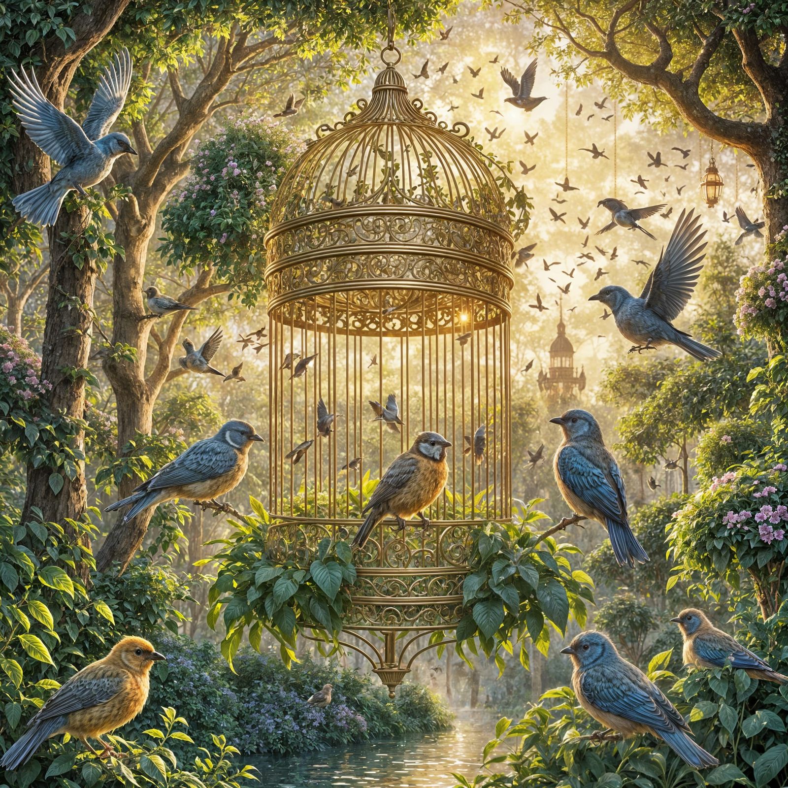 Golden Birdcage in Lush Garden at Golden Hour