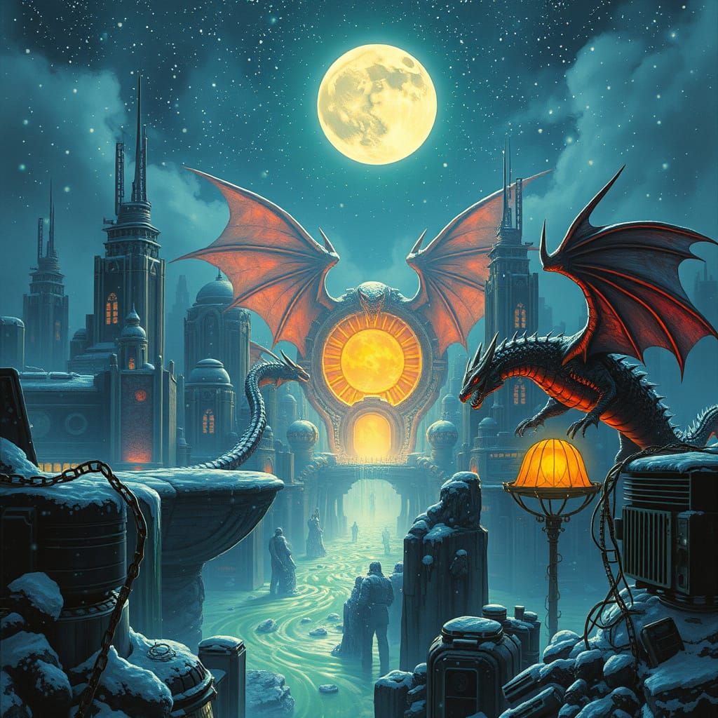 Cyberpunk Dragons and Agumon in Moonlit Cityscape